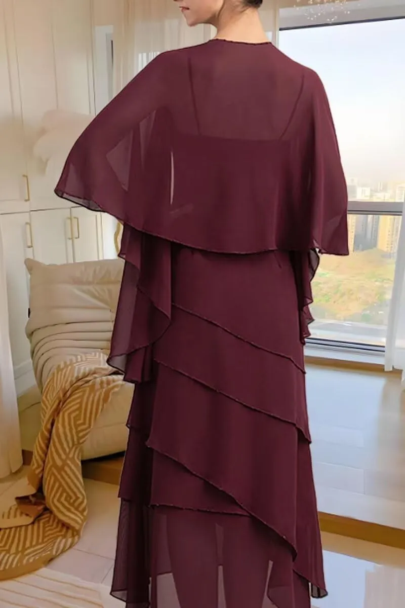 2 Piece Mother of The Bride Dresses for Wedding Ruffle Mother of The Groom Dress Chiffon Formal Evening Gown with Cape