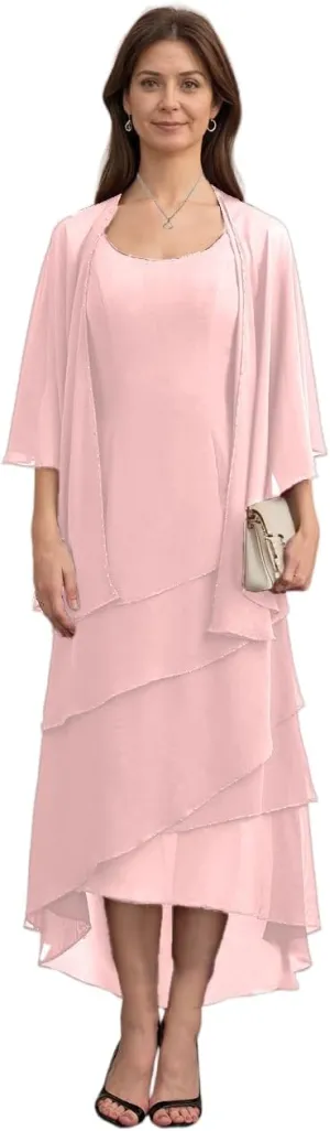 2 Piece Mother of The Bride Dresses for Wedding Ruffle Mother of The Groom Dress Chiffon Formal Evening Gown with Cape