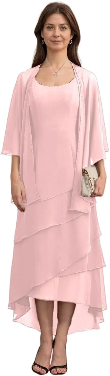 2 Piece Mother of The Bride Dresses for Wedding Ruffle Mother of The Groom Dress Chiffon Formal Evening Gown with Cape