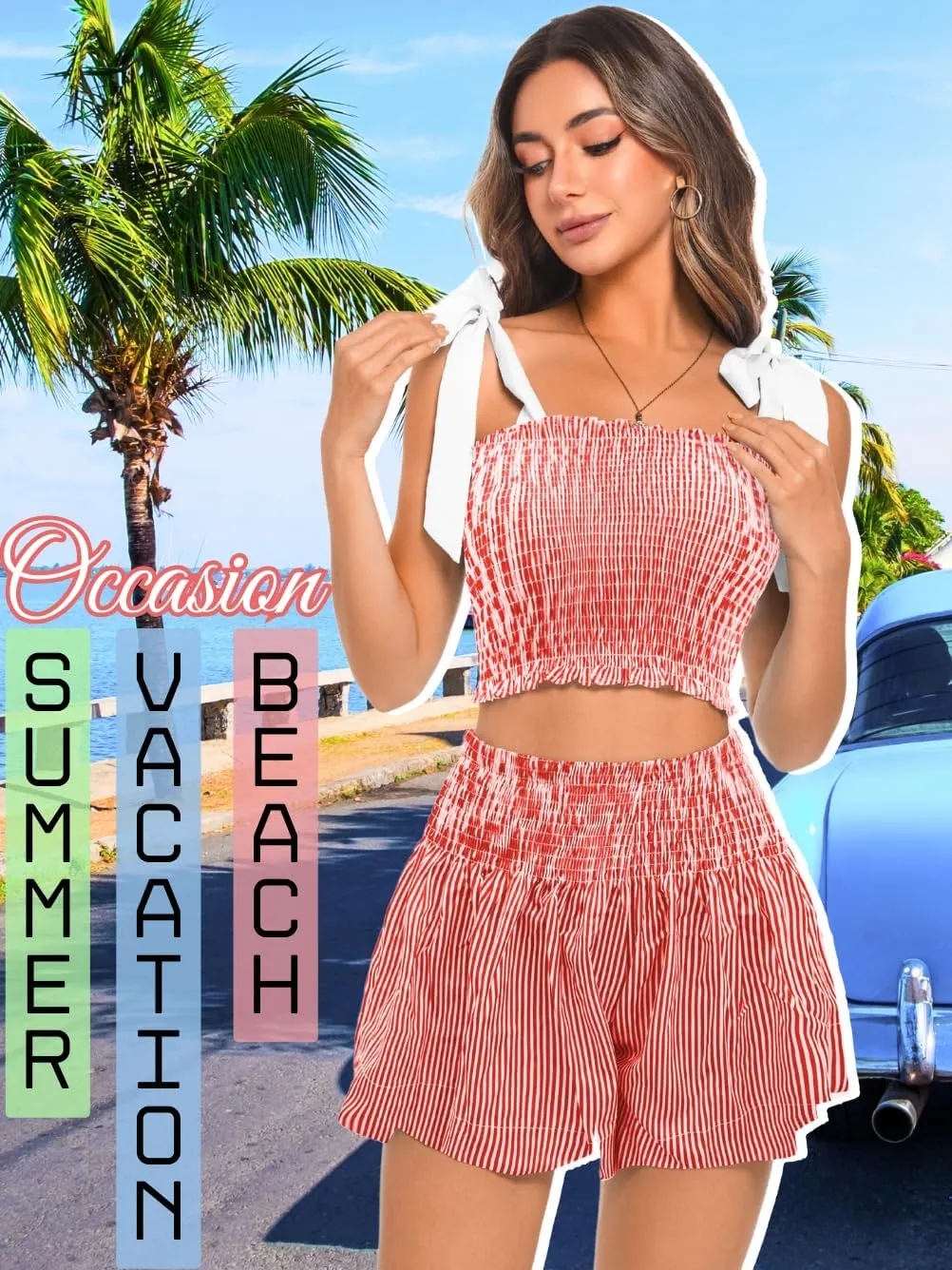 2 Piece Summer Sets,Square Neck Bow Tank Top & Short Set,Beach Vacation Smocked Outfits For Women Crusie Resort