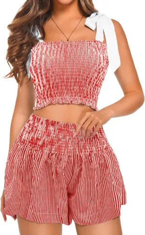 2 Piece Summer Sets,Square Neck Bow Tank Top & Short Set,Beach Vacation Smocked Outfits For Women Crusie Resort