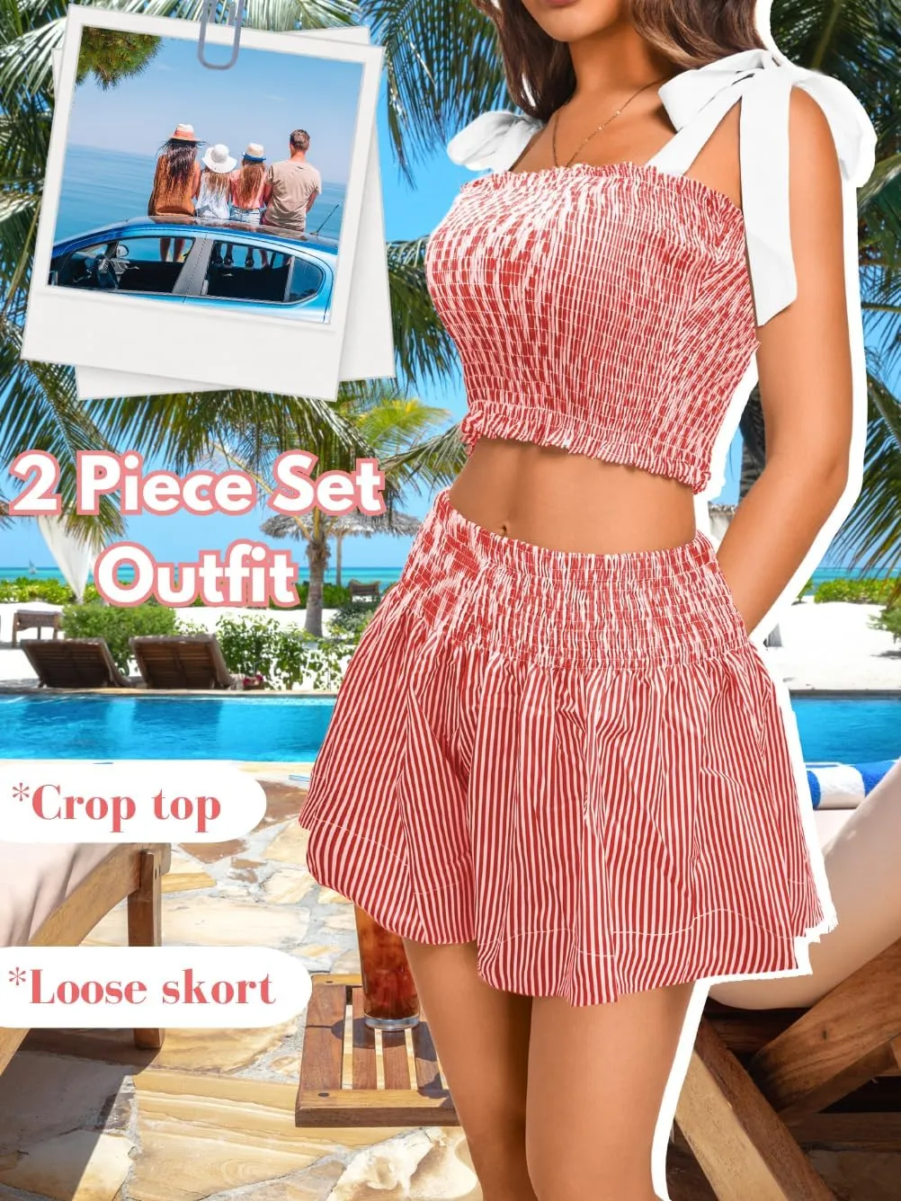 2 Piece Summer Sets,Square Neck Bow Tank Top & Short Set,Beach Vacation Smocked Outfits For Women Crusie Resort