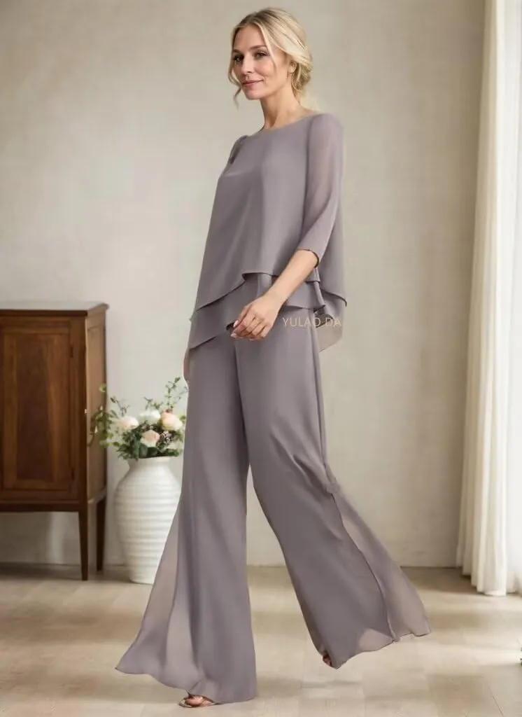 2 Pieces Mother of The Bride Pant Suits Appliques Ruffle Lace Appliqued Chiffon Wedding Outfits for Women