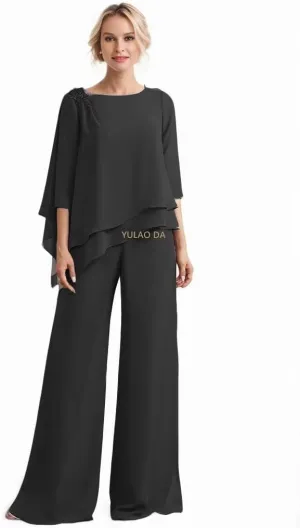 2 Pieces Mother of The Bride Pant Suits Appliques Ruffle Lace Appliqued Chiffon Wedding Outfits for Women