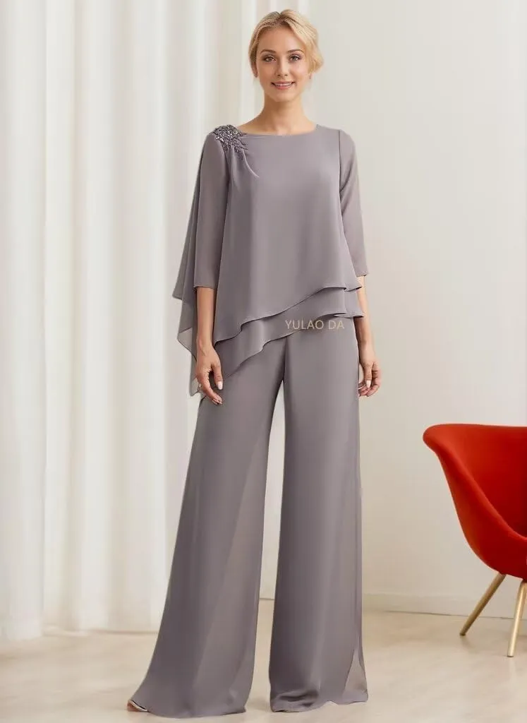 2 Pieces Mother of The Bride Pant Suits Appliques Ruffle Lace Appliqued Chiffon Wedding Outfits for Women