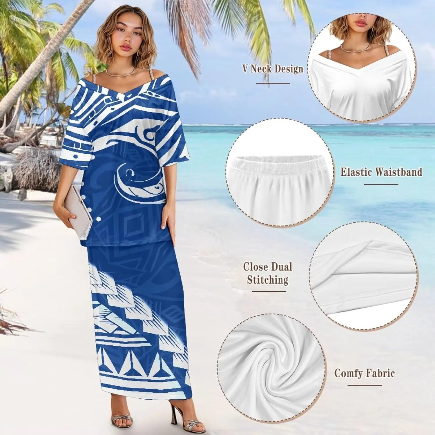 2025 Hawaii Tribal Design Island Dresses Half Sleeve Samoan Puletasi Set Plus Size Womens Dresses 2 Piece Set