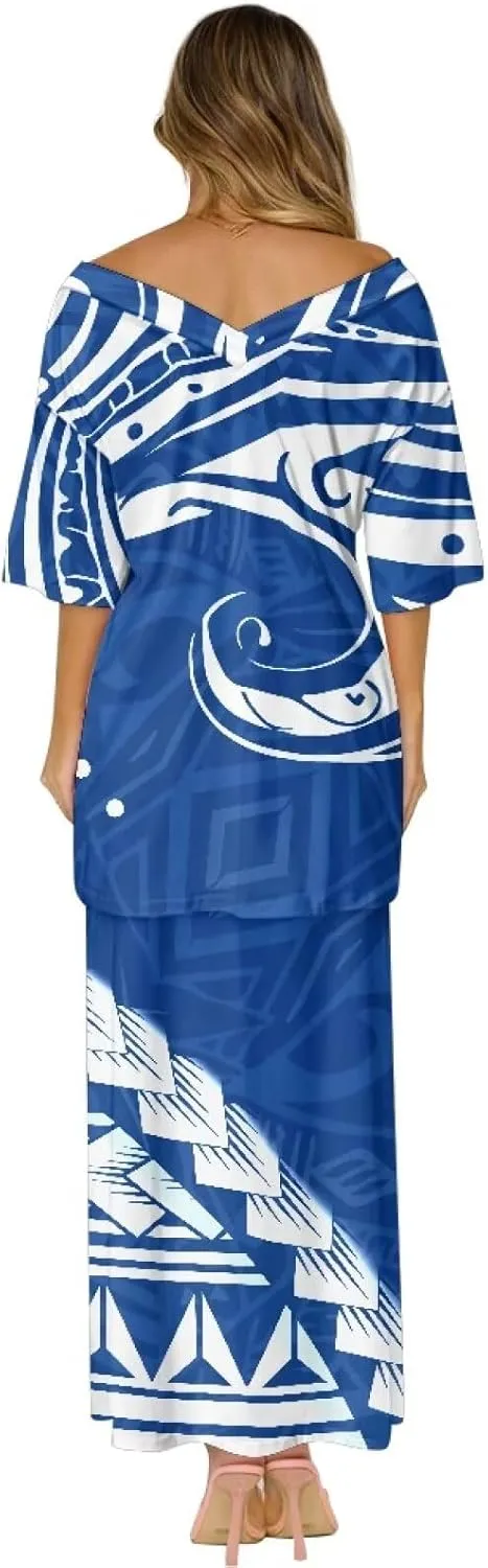 2025 Hawaii Tribal Design Island Dresses Half Sleeve Samoan Puletasi Set Plus Size Womens Dresses 2 Piece Set