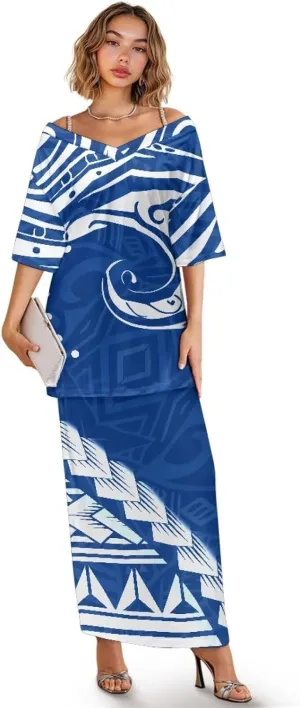 2025 Hawaii Tribal Design Island Dresses Half Sleeve Samoan Puletasi Set Plus Size Womens Dresses 2 Piece Set