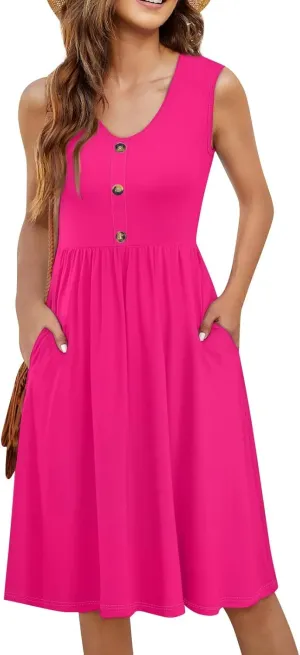 2025 Women Summer Round Neck Casual Loose Wrinkle-Free Long Maxi Beach Dress with Pockets Sleeveless Sundress