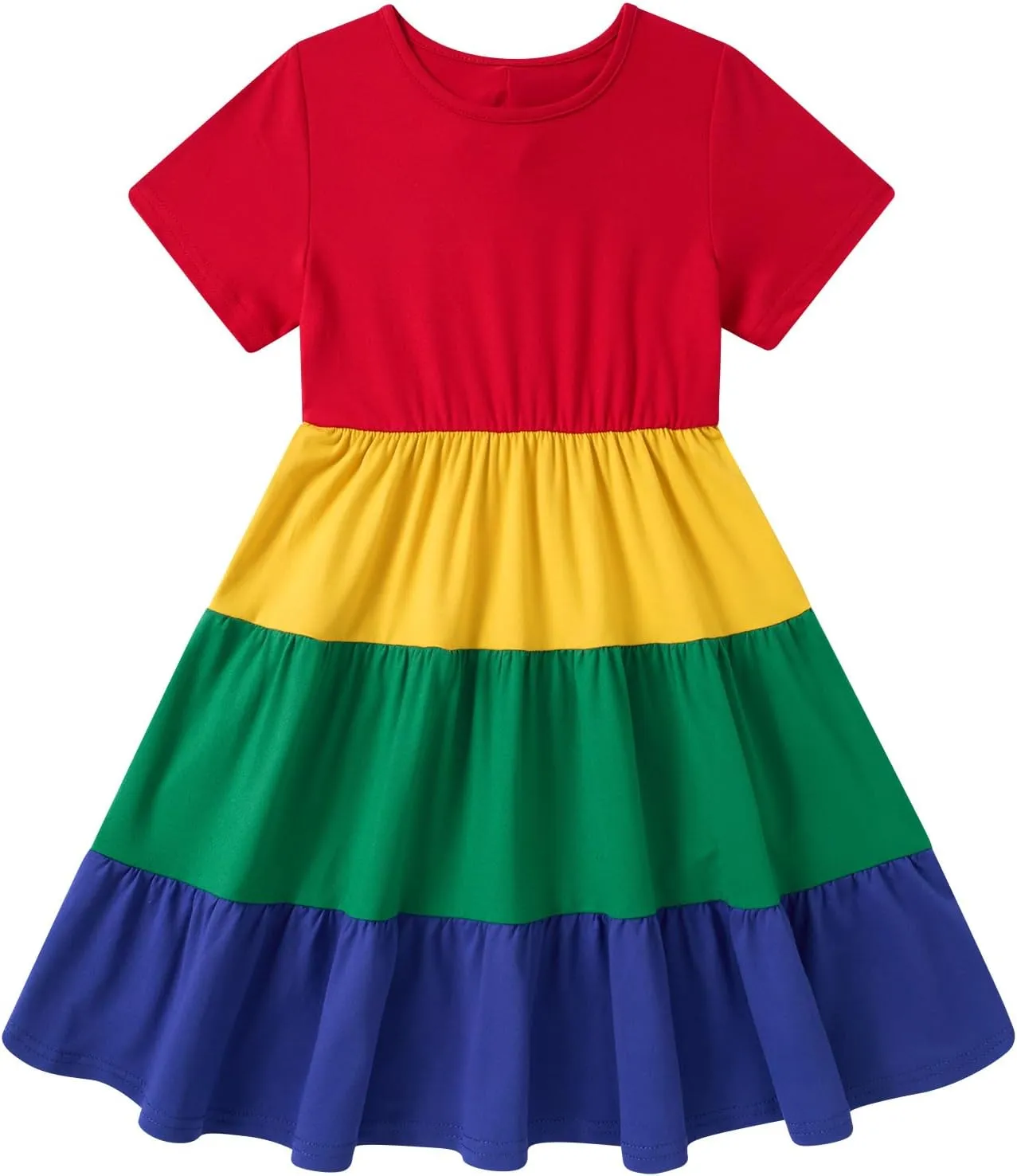 3-7 Years Girls Summer Dresses Tie Back Short Sleeve Ruffle Tiered Twirly Casual Midi Sundress