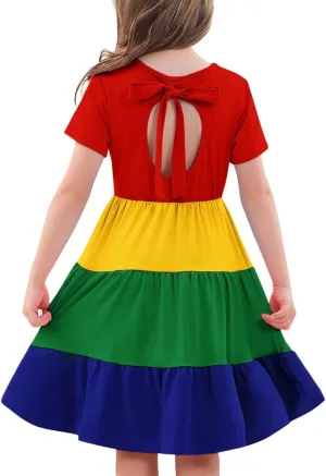 3-7 Years Girls Summer Dresses Tie Back Short Sleeve Ruffle Tiered Twirly Casual Midi Sundress