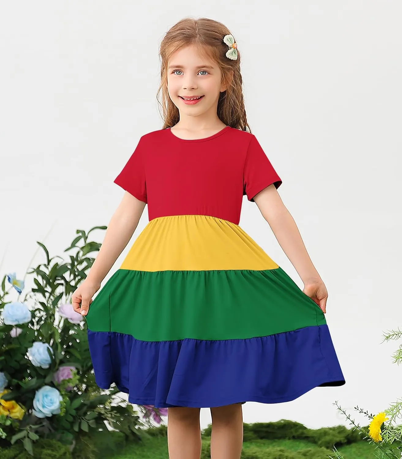 3-7 Years Girls Summer Dresses Tie Back Short Sleeve Ruffle Tiered Twirly Casual Midi Sundress
