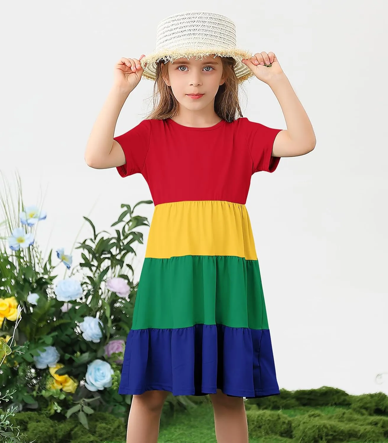 3-7 Years Girls Summer Dresses Tie Back Short Sleeve Ruffle Tiered Twirly Casual Midi Sundress