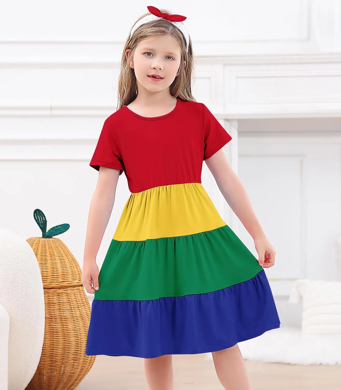 3-7 Years Girls Summer Dresses Tie Back Short Sleeve Ruffle Tiered Twirly Casual Midi Sundress