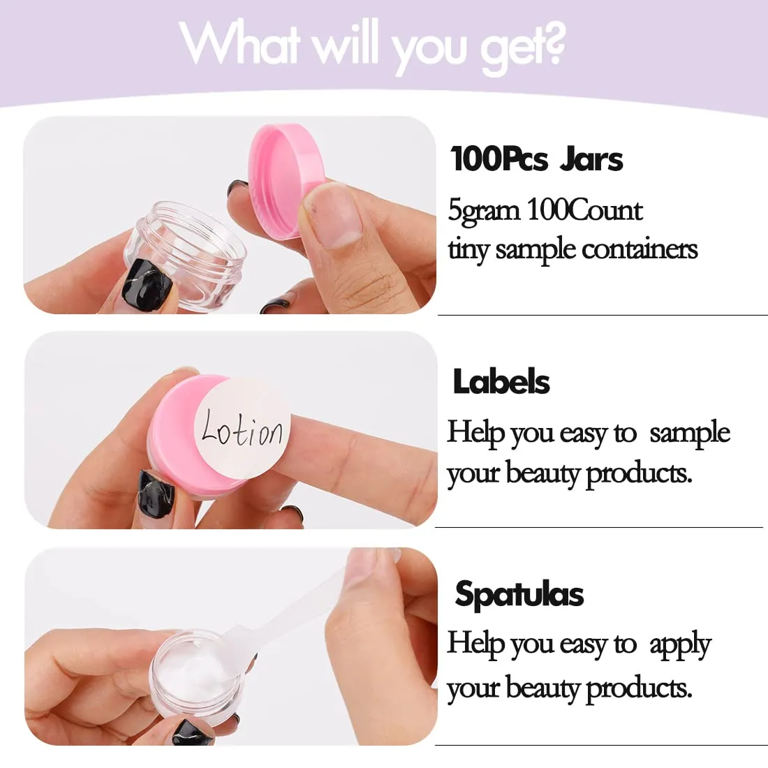 3 Gram Mini Sample Jars with Lids - 100 Count, Empty Lip Balm Containers, Makeup Travel Containers with Labels, Mini Disposable Spatulas