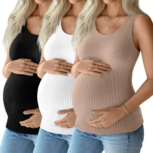 3 Pack Women's Maternity Tank Tops Sleeveless Racerback Summer Pregnancy Shirts Ribbed Cotton Knit Mama Clothes