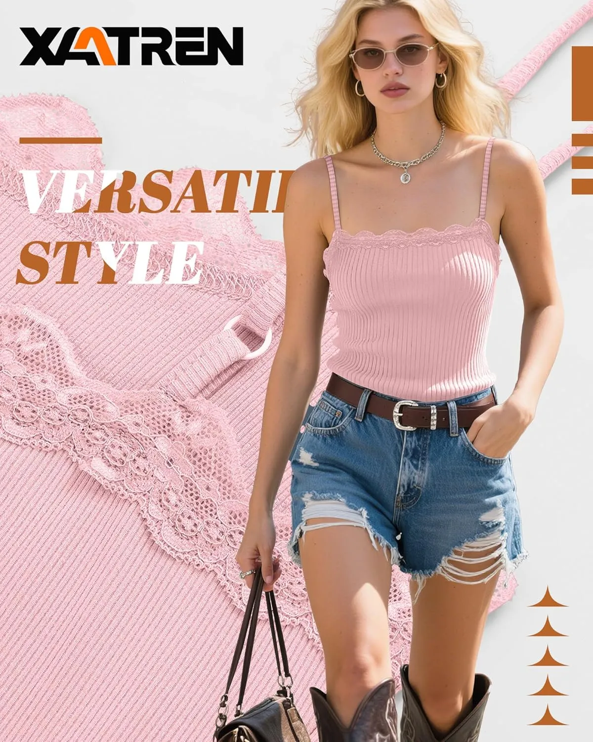 3 Pcs Women's Camisole Tank Tops Lace Trim Boat Neck Ribbed Adjustable Spaghetti Strap Y2K Slim Tight Cami Shirts