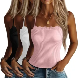 3 Pcs Women's Camisole Tank Tops Lace Trim Boat Neck Ribbed Adjustable Spaghetti Strap Y2K Slim Tight Cami Shirts