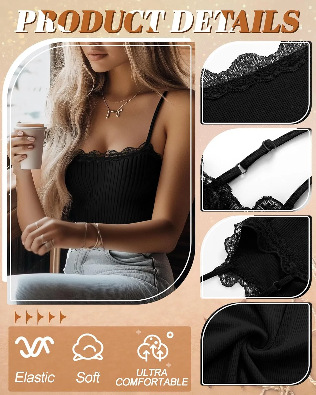3 Pcs Women's Camisole Tank Tops Lace Trim Boat Neck Ribbed Adjustable Spaghetti Strap Y2K Slim Tight Cami Shirts