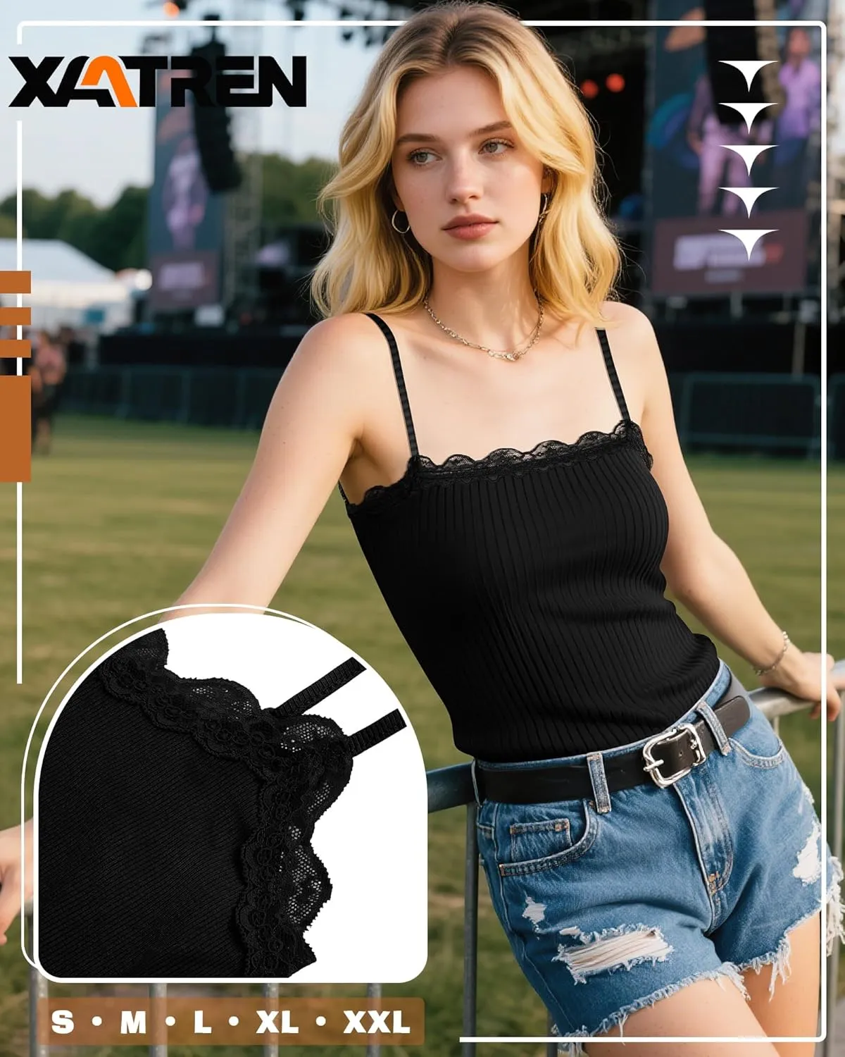 3 Pcs Women's Camisole Tank Tops Lace Trim Boat Neck Ribbed Adjustable Spaghetti Strap Y2K Slim Tight Cami Shirts