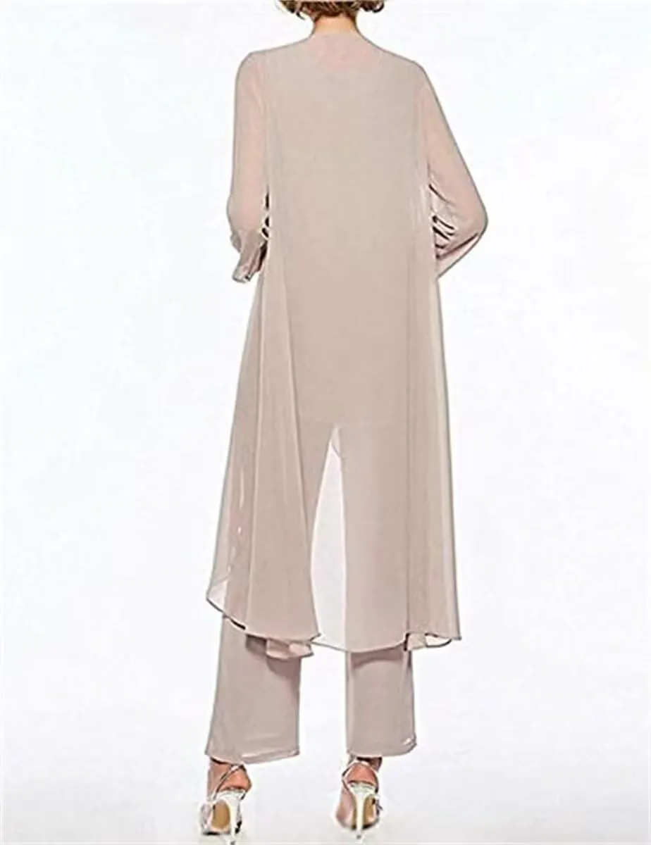 3 Pieces Pantsuits for Women Dressy Outfit Set Long Sleeve Mother of The Bride Dresses with Chiffon Jacket