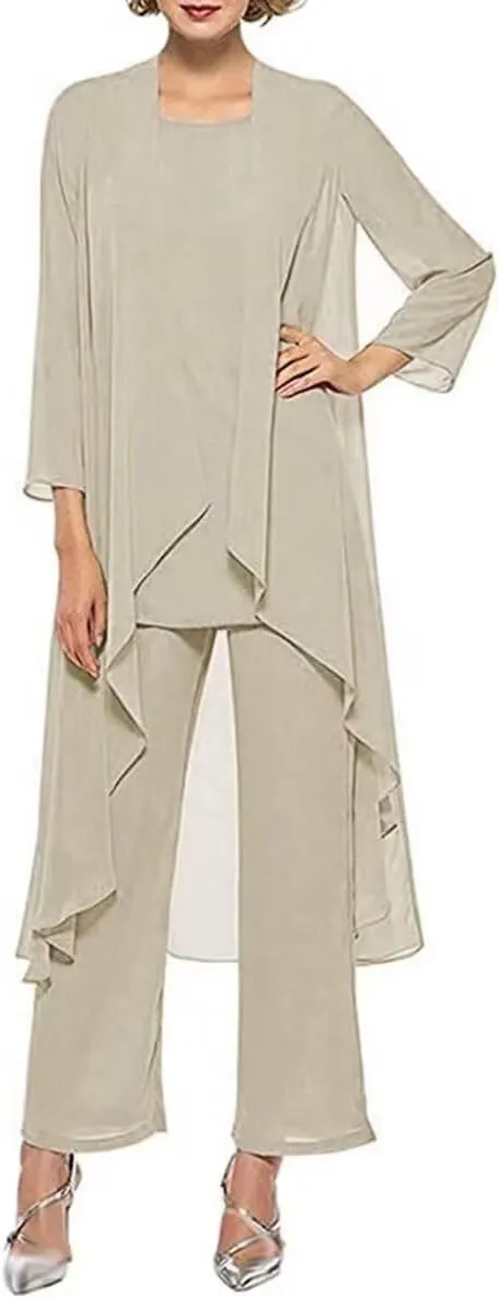 3 Pieces Pantsuits for Women Dressy Outfit Set Long Sleeve Mother of The Bride Dresses with Chiffon Jacket