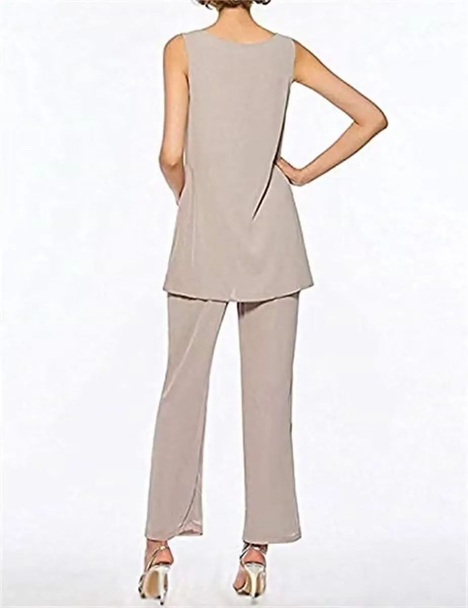 3 Pieces Pantsuits for Women Dressy Outfit Set Long Sleeve Mother of The Bride Dresses with Chiffon Jacket