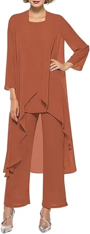 3 Pieces Pantsuits for Women Dressy Outfit Set Long Sleeve Mother of The Bride Dresses with Chiffon Jacket