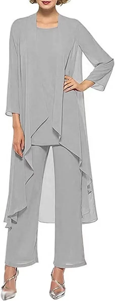 3 Pieces Pantsuits for Women Dressy Outfit Set Long Sleeve Mother of The Bride Dresses with Chiffon Jacket