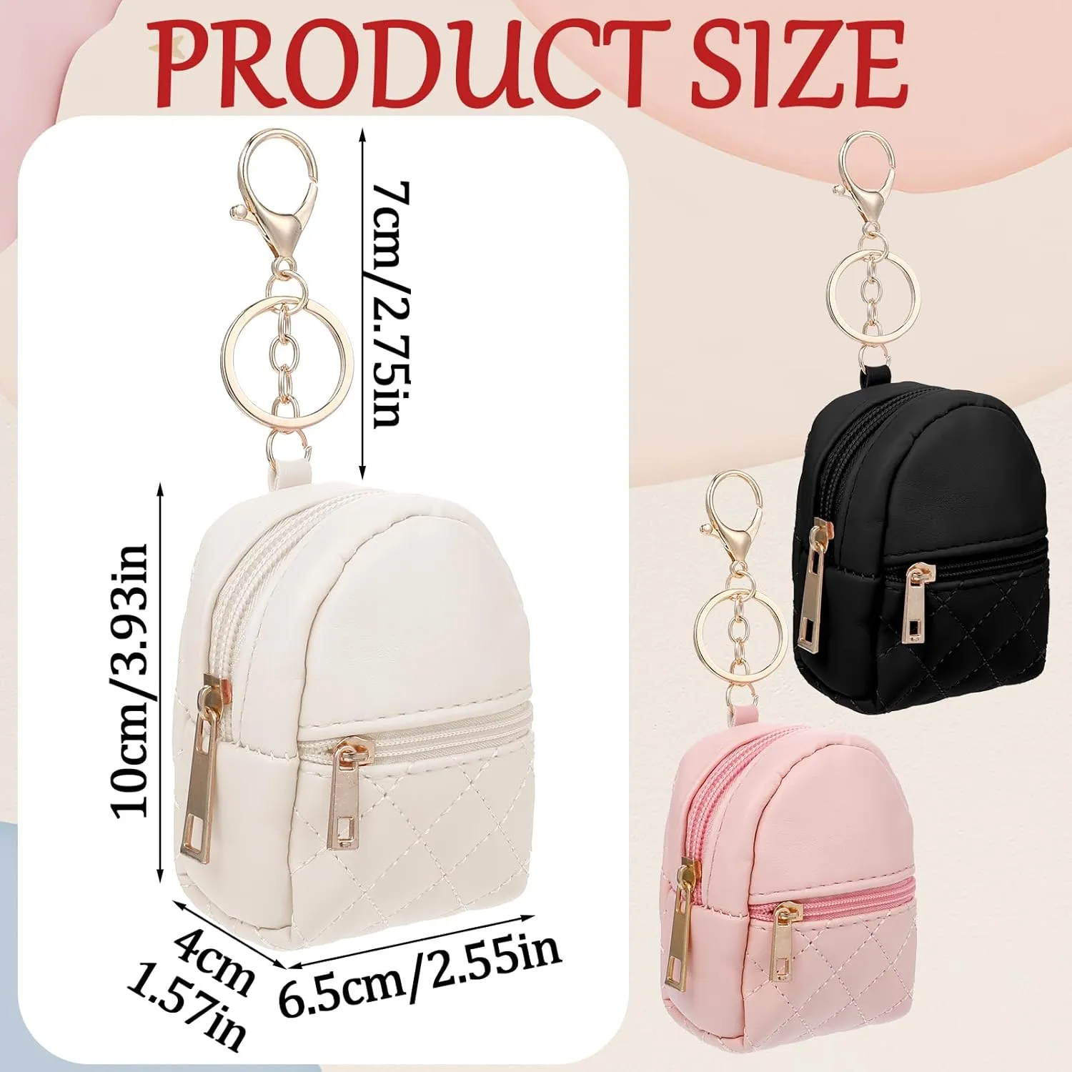 3Pcs Mini Backpack Keychain Cute Cosmetic Bag for Women PU Leather Lipstick Holder for Purse Portable Travel Makeup Bag Card Holder Data Cable Organizer Zipper Pouch for Women(Black Pink Beige)