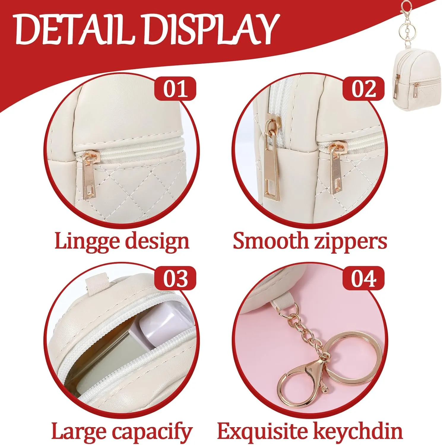 3Pcs Mini Backpack Keychain Cute Cosmetic Bag for Women PU Leather Lipstick Holder for Purse Portable Travel Makeup Bag Card Holder Data Cable Organizer Zipper Pouch for Women(Black Pink Beige)