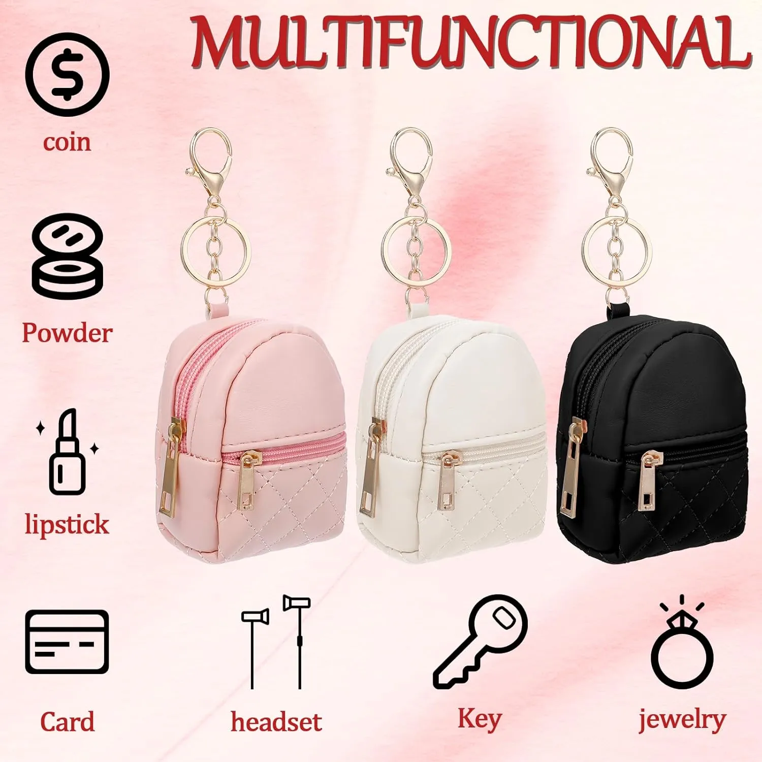 3Pcs Mini Backpack Keychain Cute Cosmetic Bag for Women PU Leather Lipstick Holder for Purse Portable Travel Makeup Bag Card Holder Data Cable Organizer Zipper Pouch for Women(Black Pink Beige)