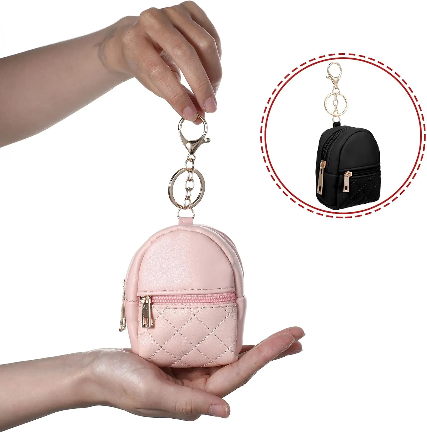 3Pcs Mini Backpack Keychain Cute Cosmetic Bag for Women PU Leather Lipstick Holder for Purse Portable Travel Makeup Bag Card Holder Data Cable Organizer Zipper Pouch for Women(Black Pink Beige)