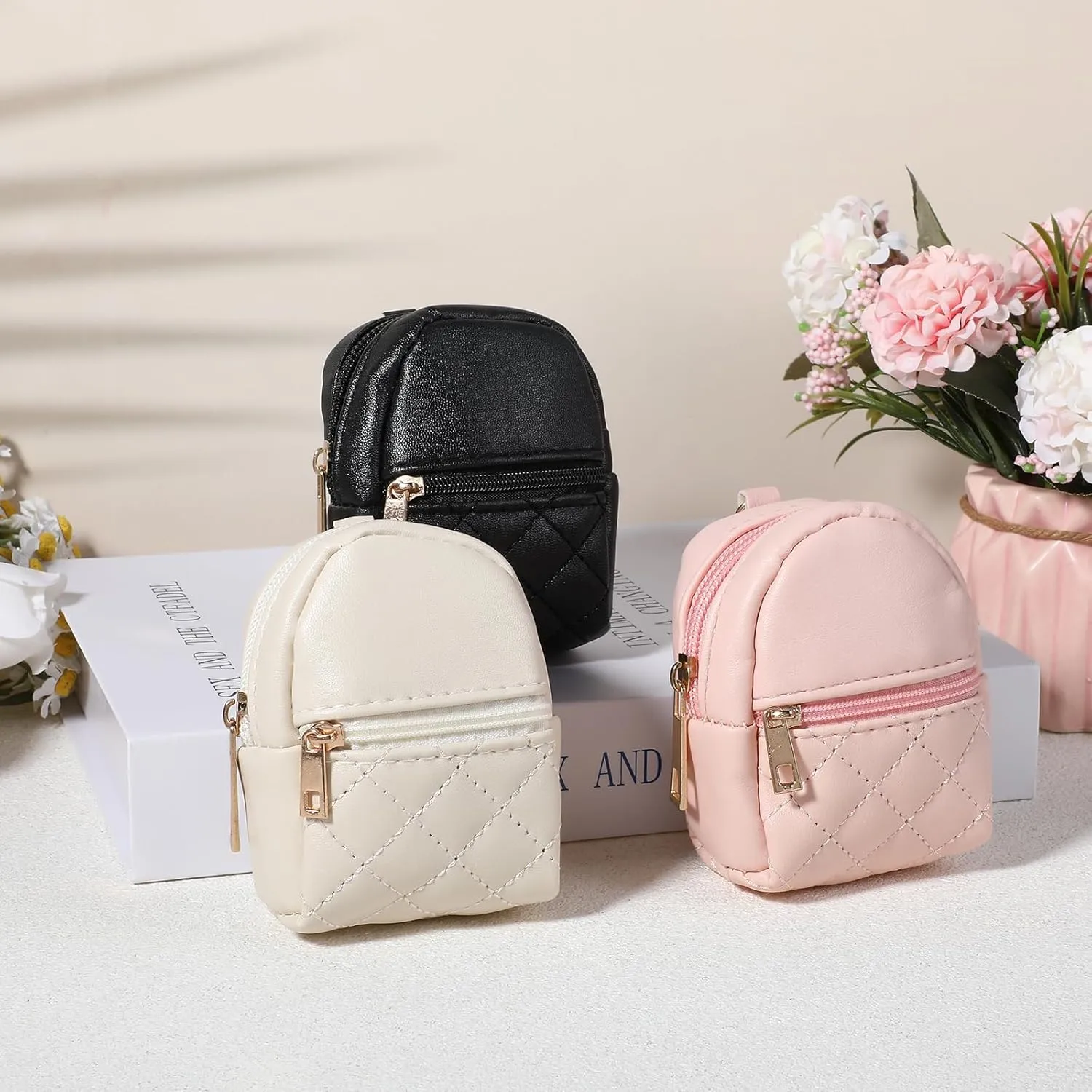 3Pcs Mini Backpack Keychain Cute Cosmetic Bag for Women PU Leather Lipstick Holder for Purse Portable Travel Makeup Bag Card Holder Data Cable Organizer Zipper Pouch for Women(Black Pink Beige)