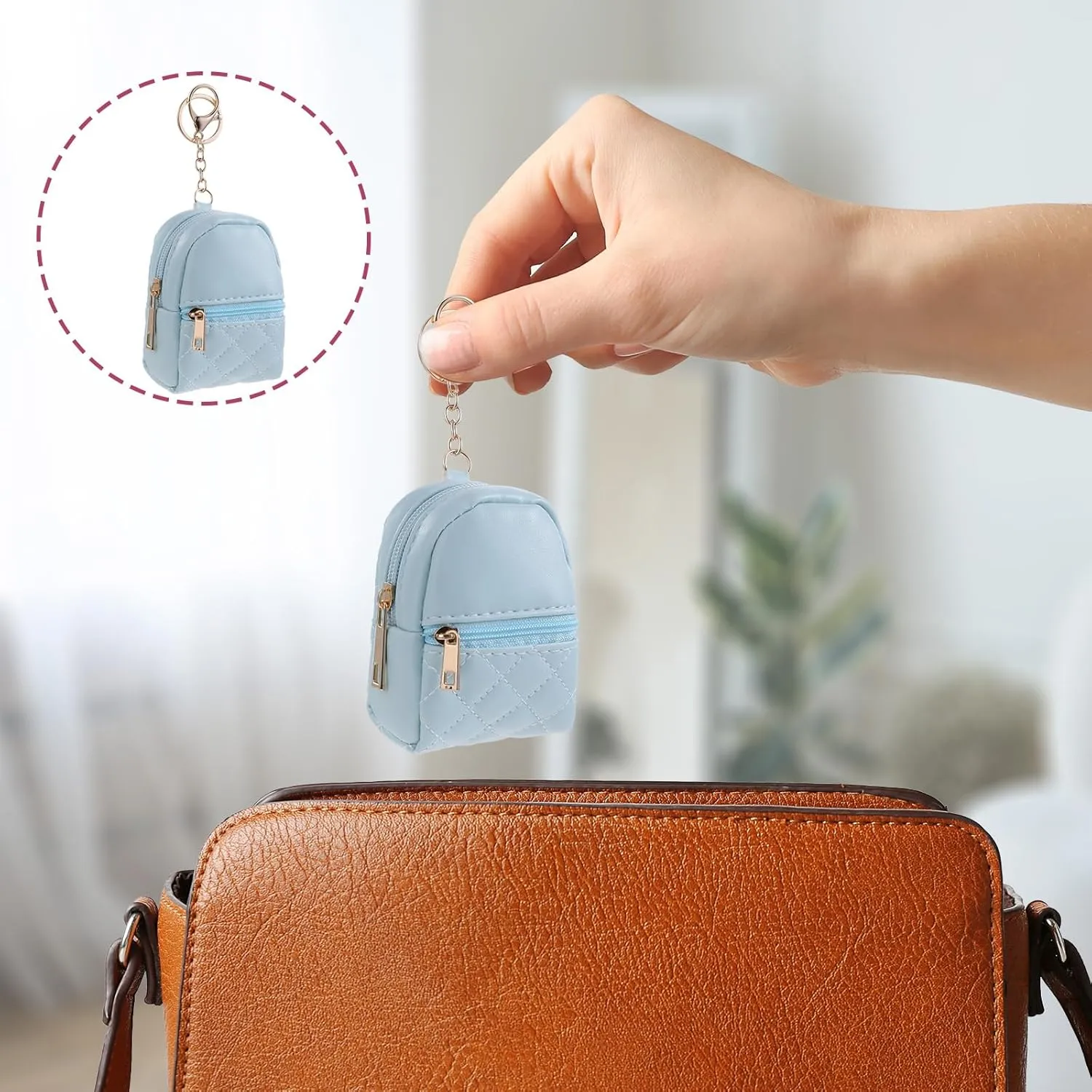 3Pcs Mini Backpack Keychain Cute Cosmetic Bag for Women PU Leather Lipstick Holder for Purse Portable Travel Makeup Bag Card Holder Data Cable Organizer Zipper Pouch for Women(Blue Pink Turquoise)