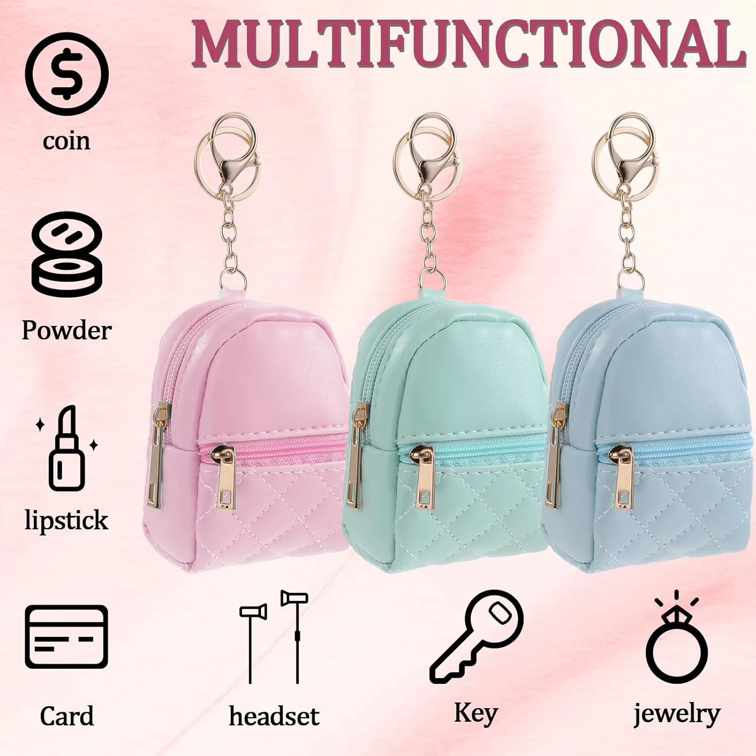 3Pcs Mini Backpack Keychain Cute Cosmetic Bag for Women PU Leather Lipstick Holder for Purse Portable Travel Makeup Bag Card Holder Data Cable Organizer Zipper Pouch for Women(Blue Pink Turquoise)