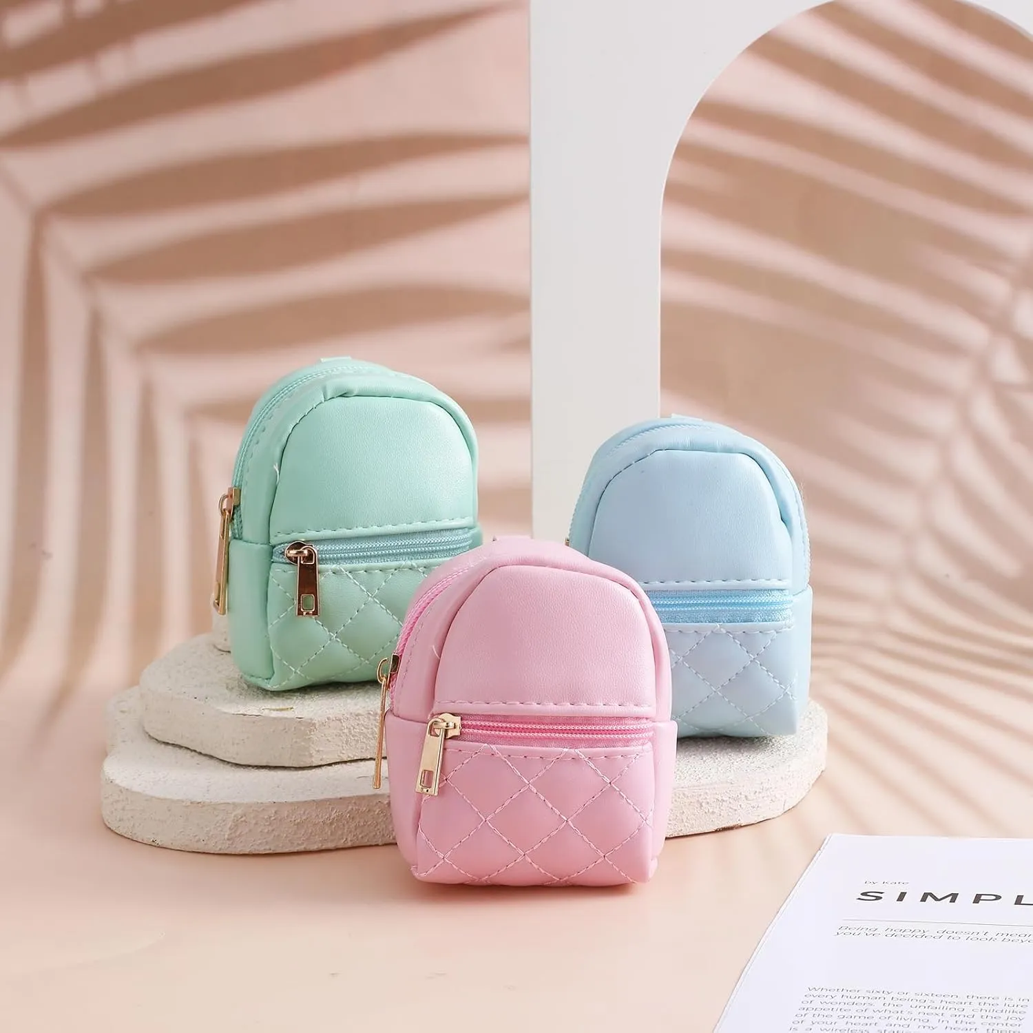 3Pcs Mini Backpack Keychain Cute Cosmetic Bag for Women PU Leather Lipstick Holder for Purse Portable Travel Makeup Bag Card Holder Data Cable Organizer Zipper Pouch for Women(Blue Pink Turquoise)