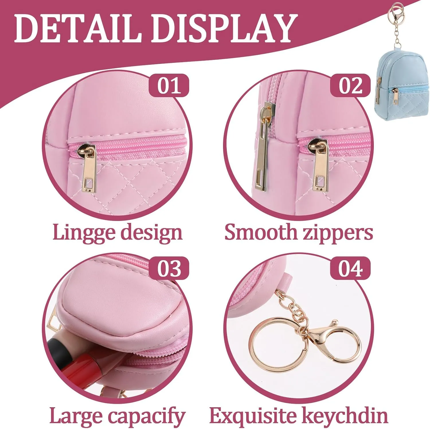 3Pcs Mini Backpack Keychain Cute Cosmetic Bag for Women PU Leather Lipstick Holder for Purse Portable Travel Makeup Bag Card Holder Data Cable Organizer Zipper Pouch for Women(Blue Pink Turquoise)