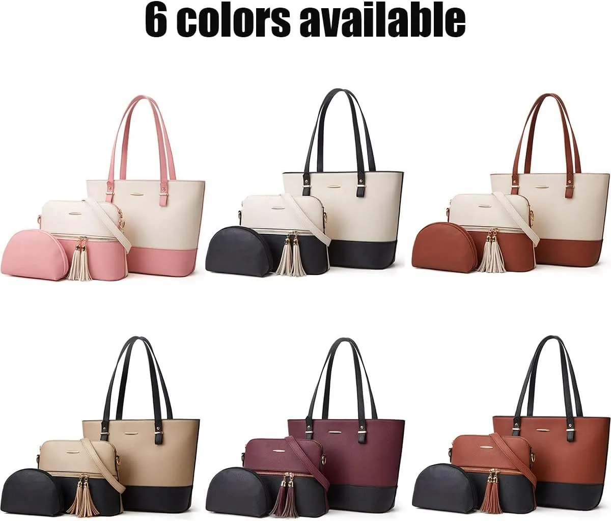 3Pcs Set Handbags and Purses for Women Patchwork Color Shoulder Bags Tassels Totes Top-Handle Satchel Hobo Bags
