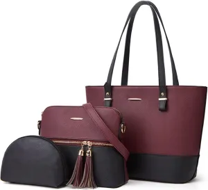 3Pcs Set Handbags and Purses for Women Patchwork Color Shoulder Bags Tassels Totes Top-Handle Satchel Hobo Bags