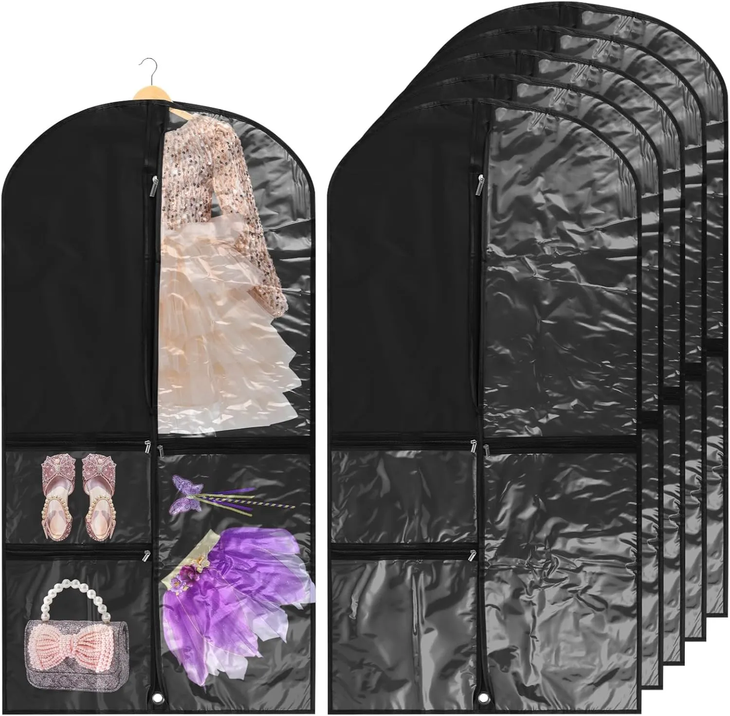 6-Pack Dance Garment Bags for Kids, 39.4 X 19.7 in Black Hanging Bags with Clear Zipper Pockets