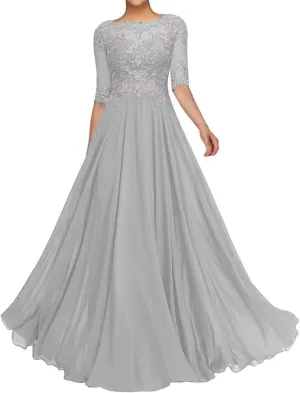 A Line Lace Appliques Mother of The Bride Dresses Chiffon Half Sheer Formal Evening Dresses for Wedding Guest