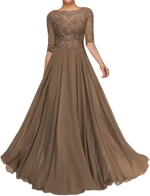A Line Lace Appliques Mother of The Bride Dresses Chiffon Half Sheer Formal Evening Dresses for Wedding Guest