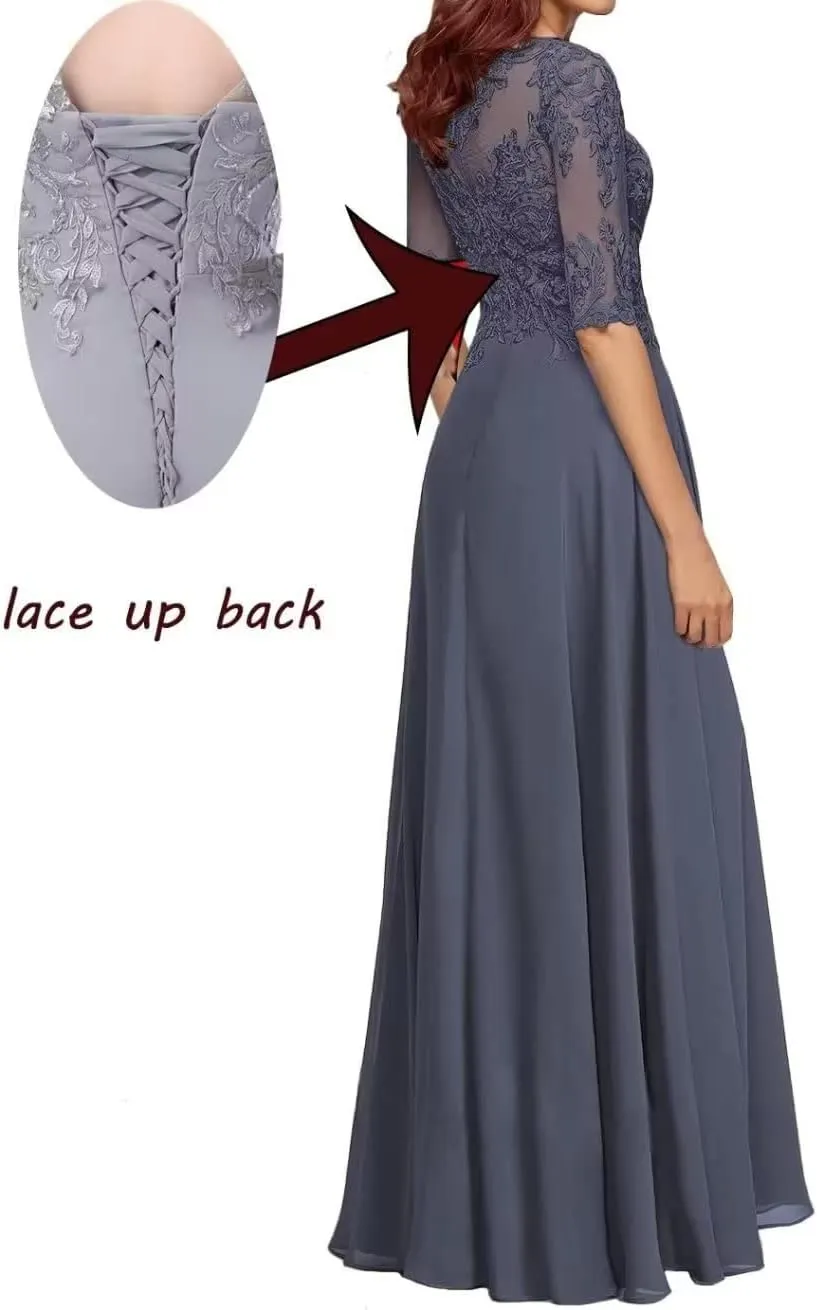 A Line Lace Appliques Mother of The Bride Dresses Chiffon Half Sheer Formal Evening Dresses for Wedding Guest