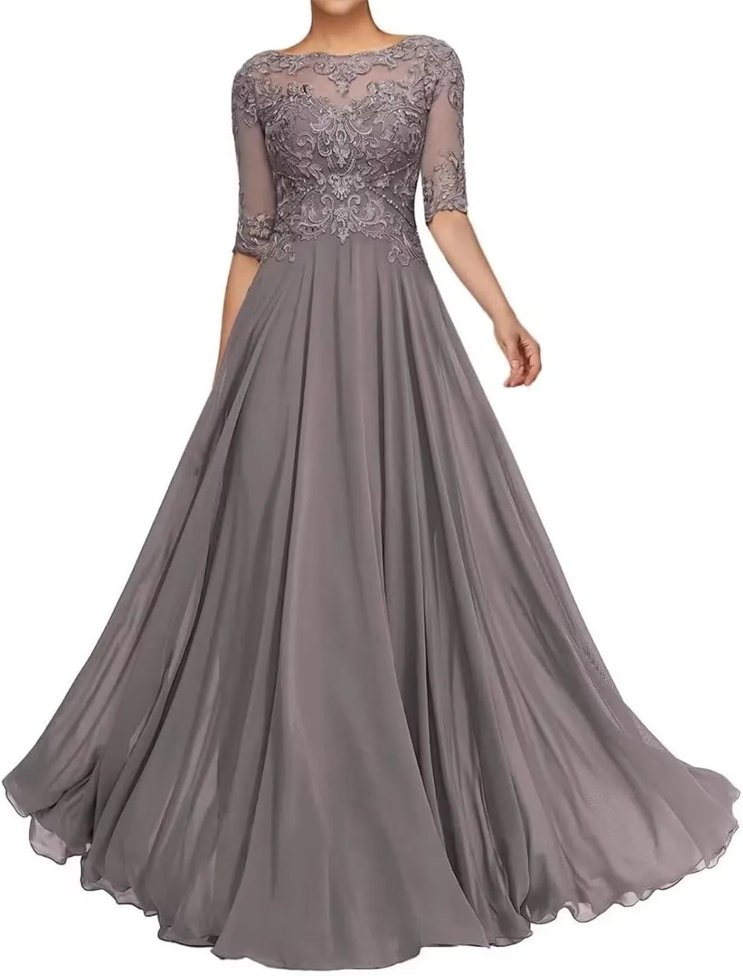 A Line Lace Appliques Mother of The Bride Dresses Chiffon Half Sheer Formal Evening Dresses for Wedding Guest