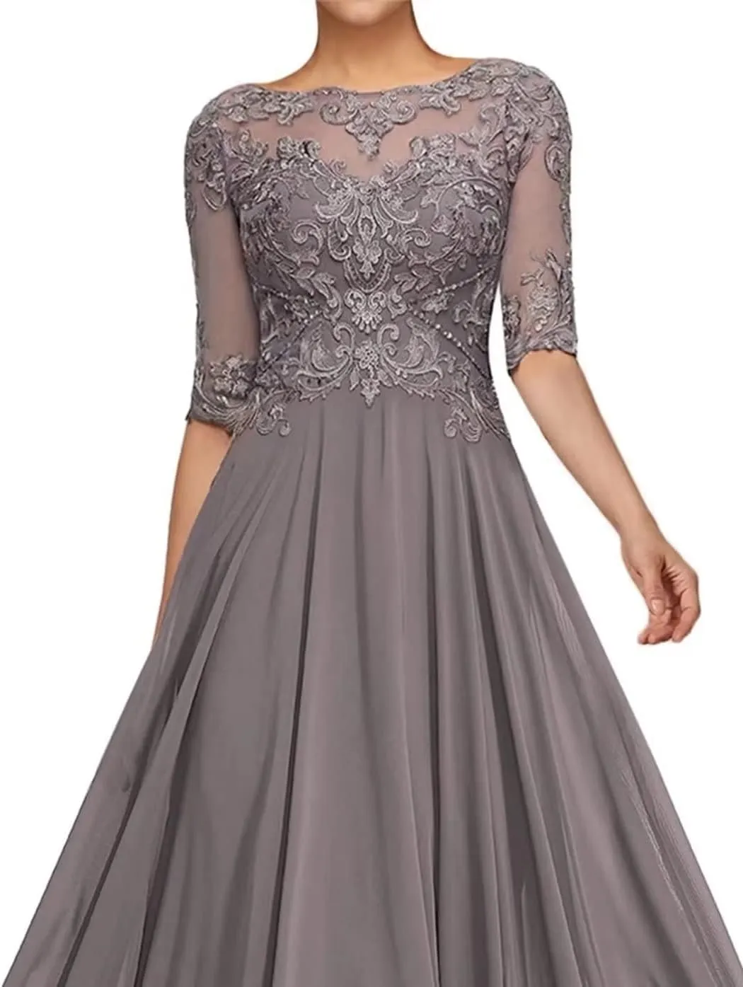 A Line Lace Appliques Mother of The Bride Dresses Chiffon Half Sheer Formal Evening Dresses for Wedding Guest