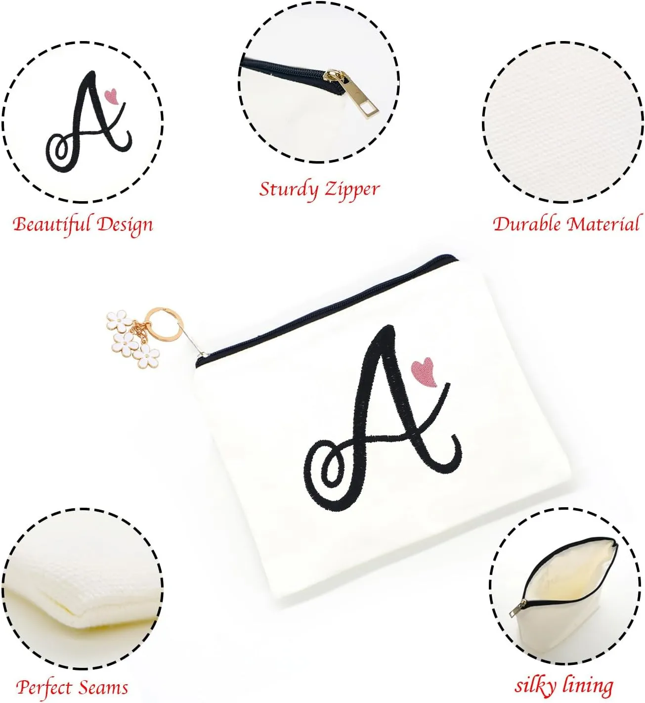 A-Z Embroidered letter combination cosmetic bagPersonalized Present Bag,cute Makeup Bag, Suitable for Wedding, Birthday, Holiday, is a Great Gift for Women, Mom, Teachers, Friends, Bridesmaids (L)