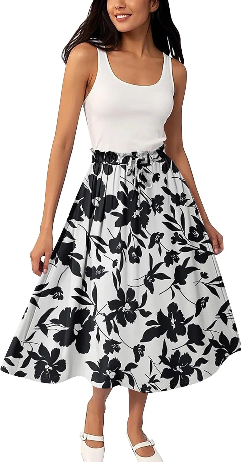ADHOWBEW Long Skirts for Women Plus Size Casual Flowy A Line Ruffle Beach Midi Length Trendy Cute High Waisted Summer Skirts