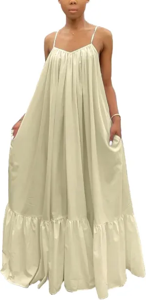 Adogirl Women's Sexy Spaghetti Strap Sleeveless Ruched Ruffle Hem Bandage Oversized Beach Loose Long Maxi Swing Dress
