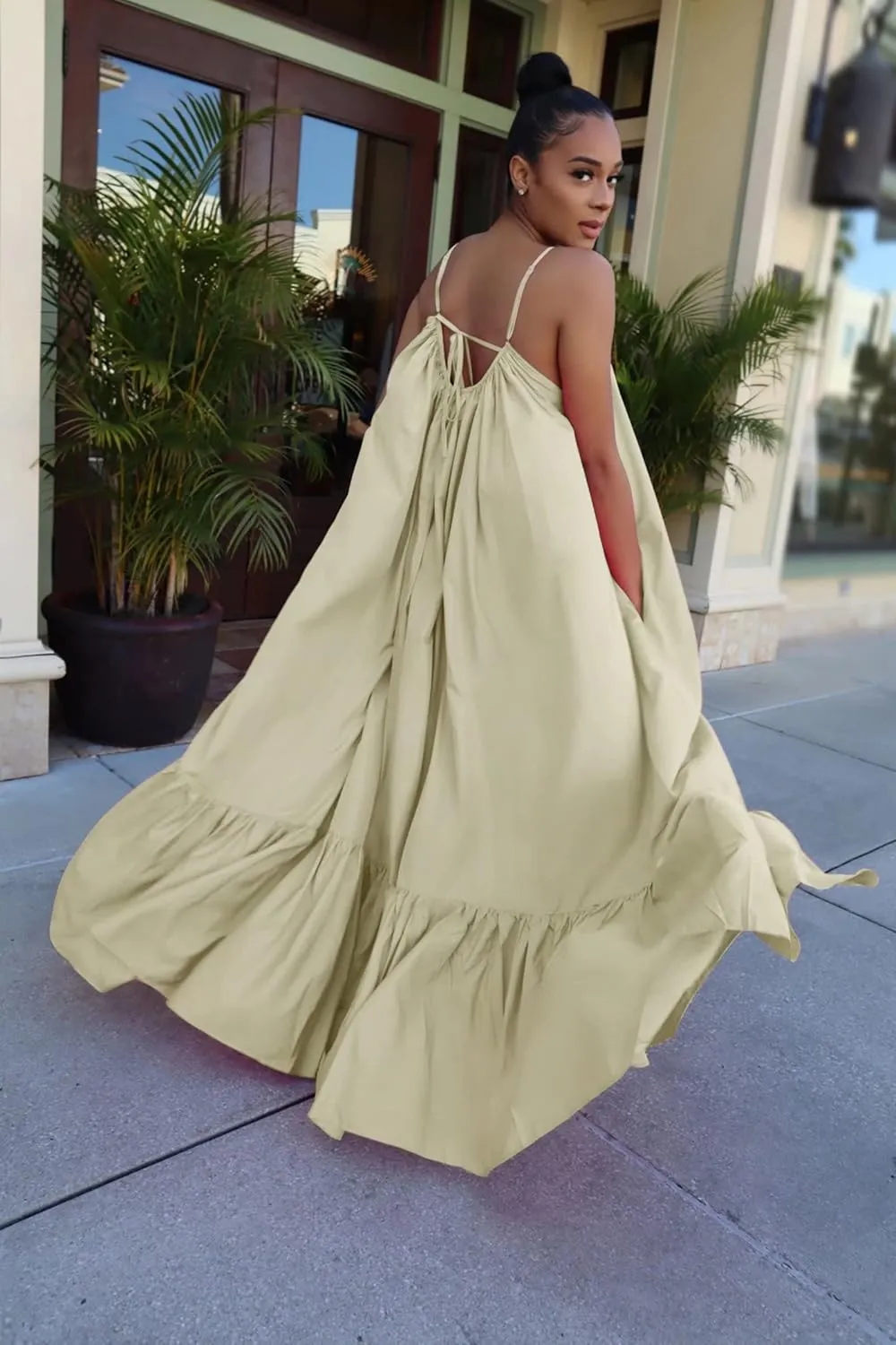 Adogirl Women's Sexy Spaghetti Strap Sleeveless Ruched Ruffle Hem Bandage Oversized Beach Loose Long Maxi Swing Dress
